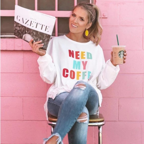 Luna Crew Neck Sweatshirt Need My Coffee in White - Picture 4 of 7